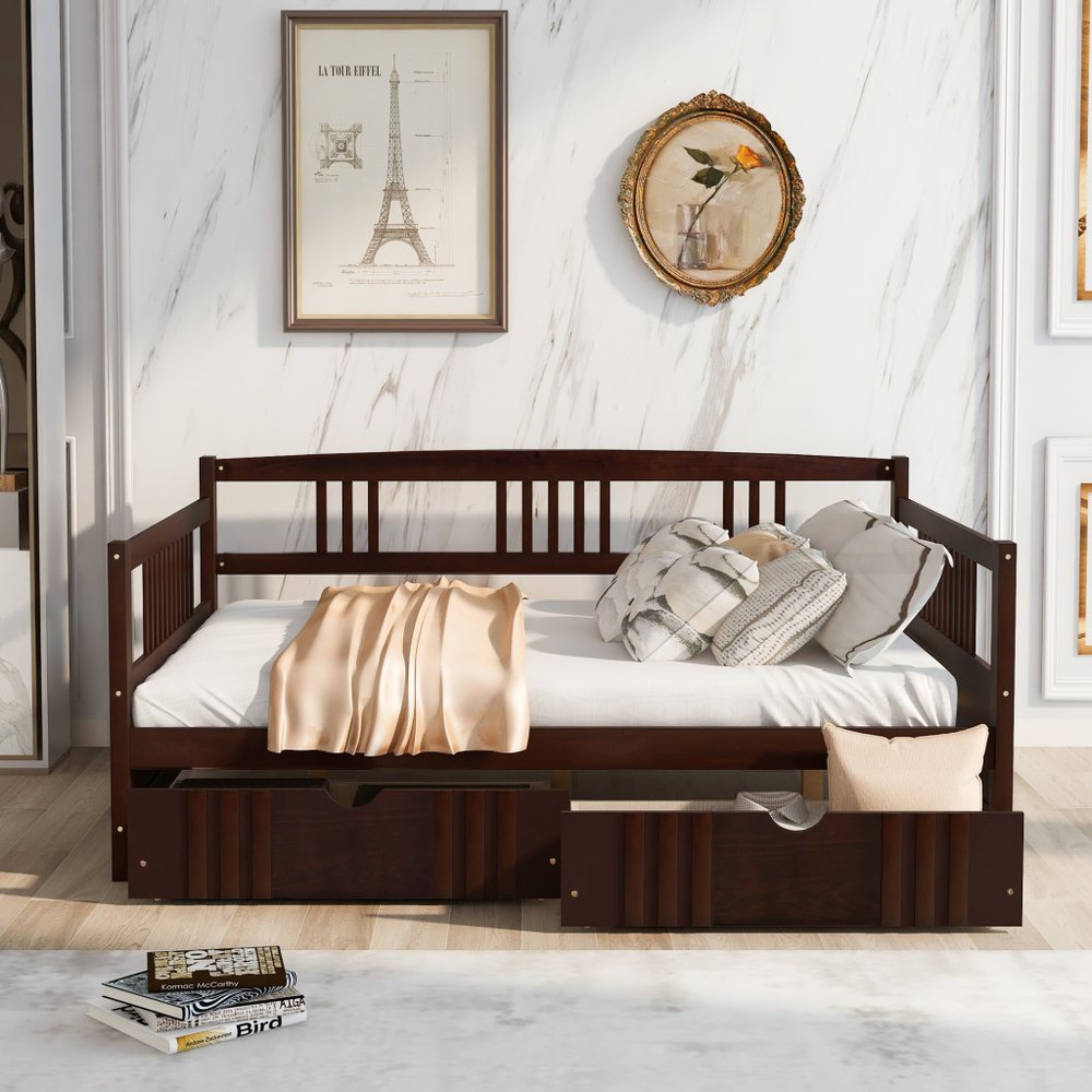 Espresso Wood Full Daybed Frame With Drawers