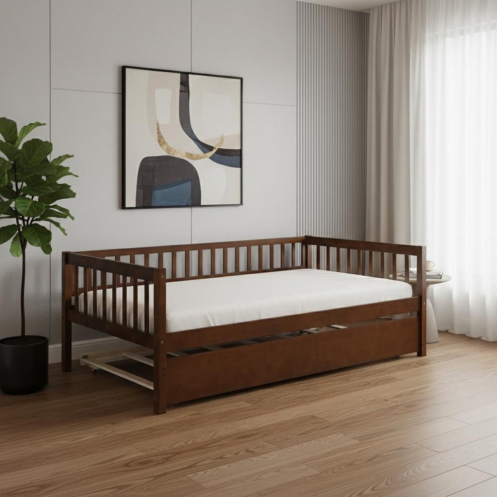 Walnut Wood Twin Daybed Frame With Trundle