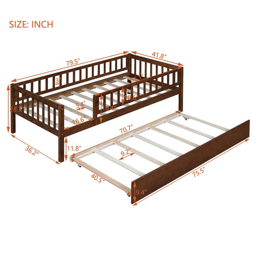 Walnut Wood Twin Daybed Frame With Trundle
