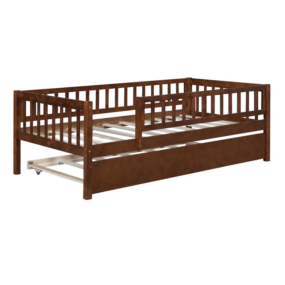 Walnut Wood Twin Daybed Frame With Trundle
