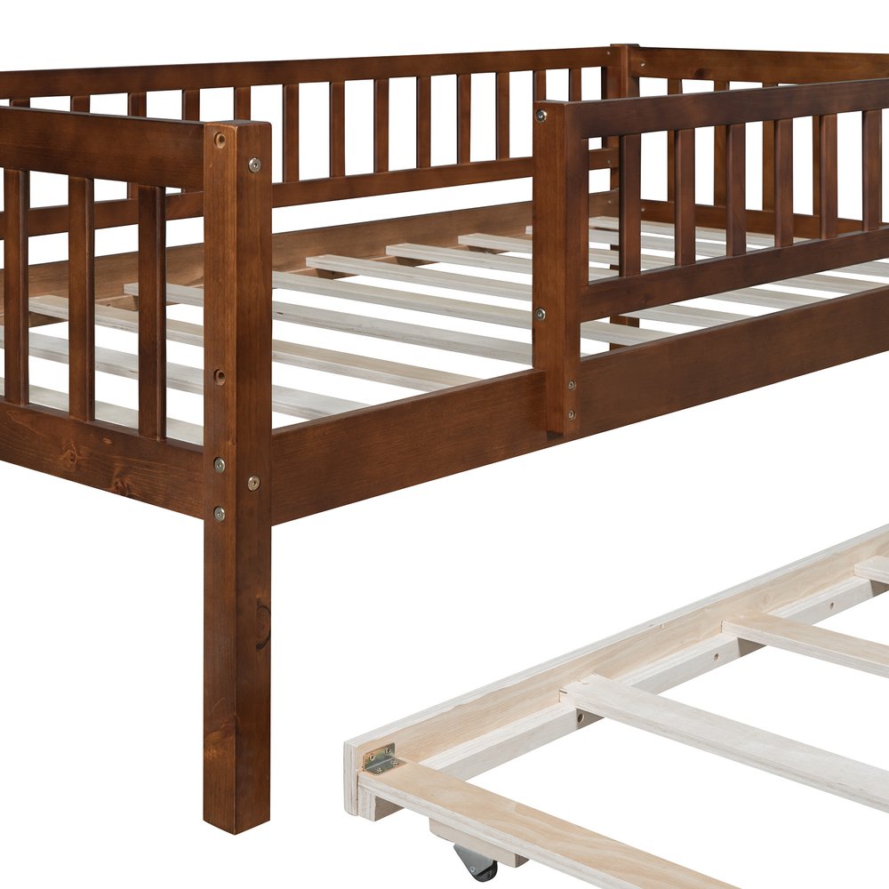 Walnut Wood Twin Daybed Frame With Trundle