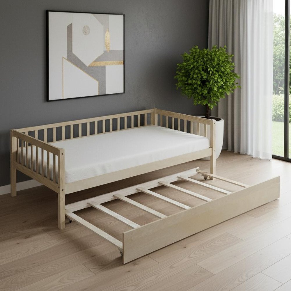 Natural Wood Twin Daybed Frame With Trundle