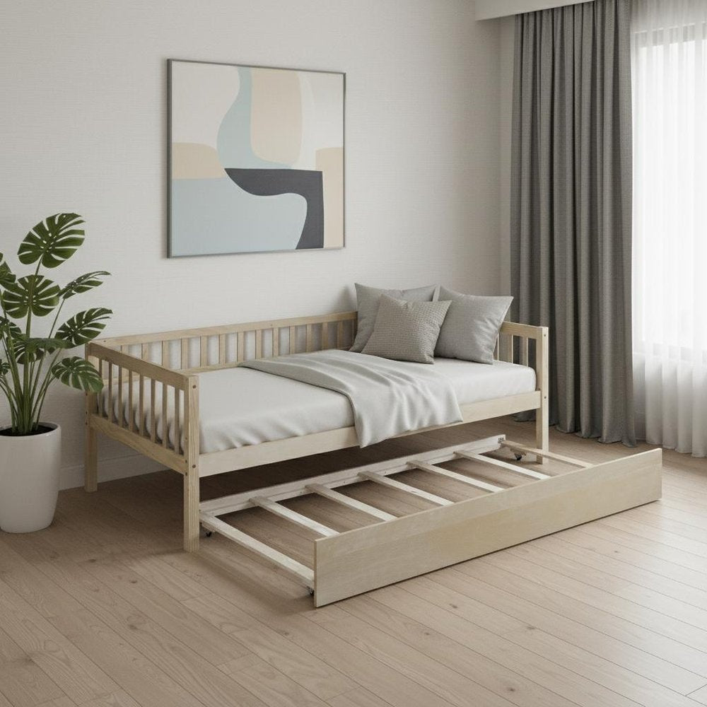 Natural Wood Twin Daybed Frame With Trundle