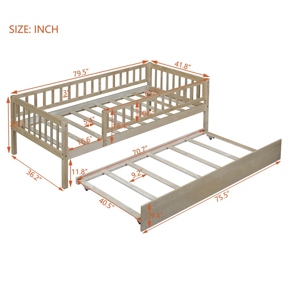 Natural Wood Twin Daybed Frame With Trundle