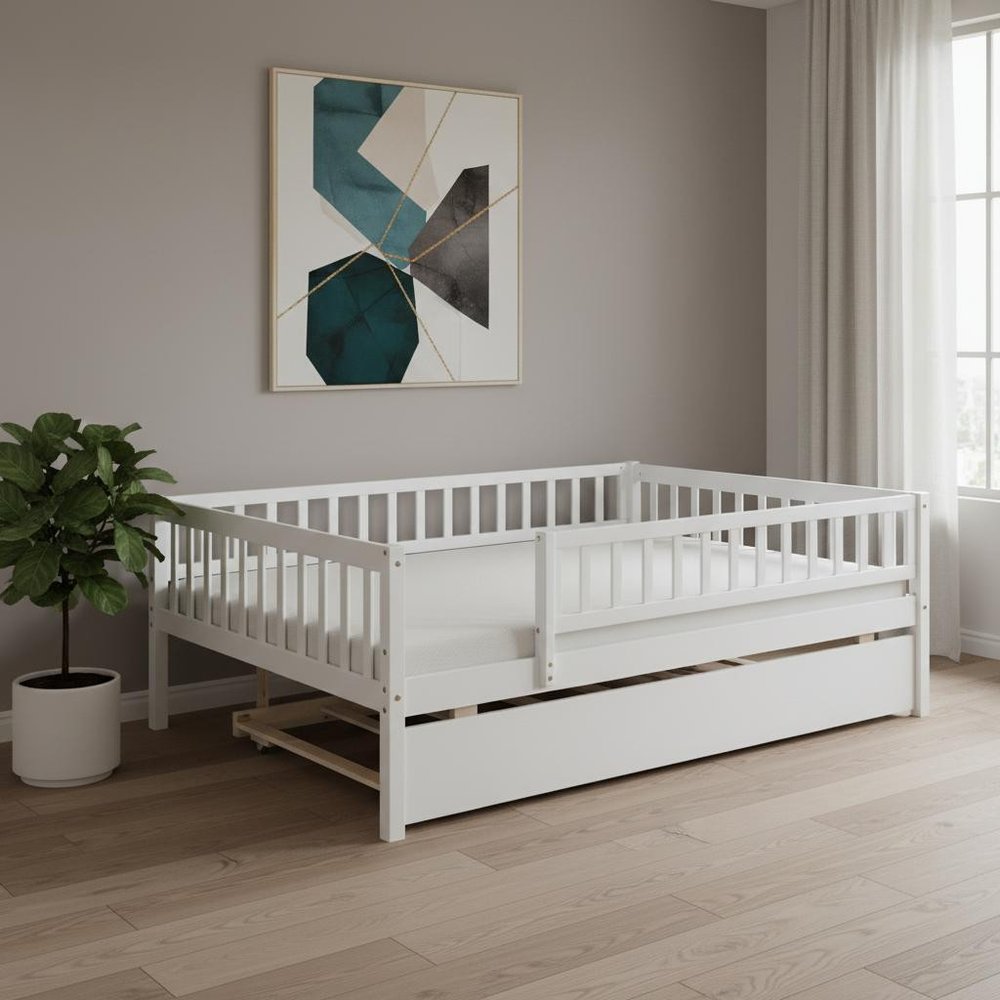 White Wood Full Daybed Frame With Trundle