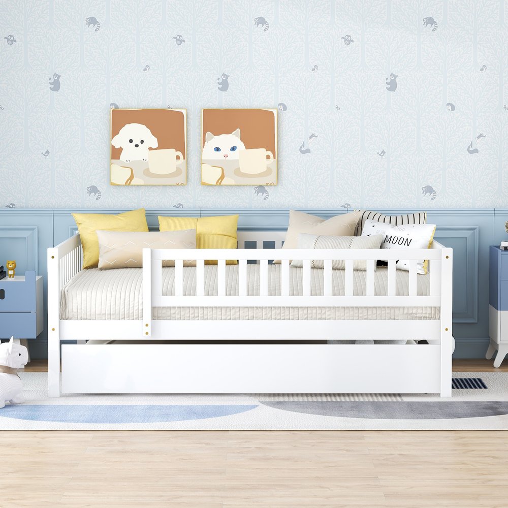 White Wood Full Daybed Frame With Trundle