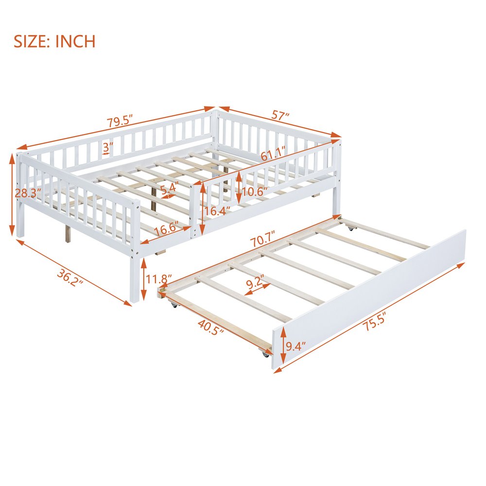 White Wood Full Daybed Frame With Trundle
