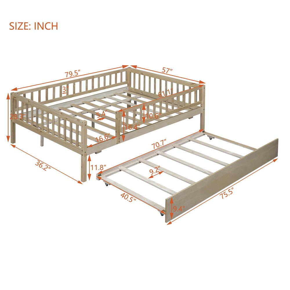 Natural Wood Full Daybed Frame With Trundle
