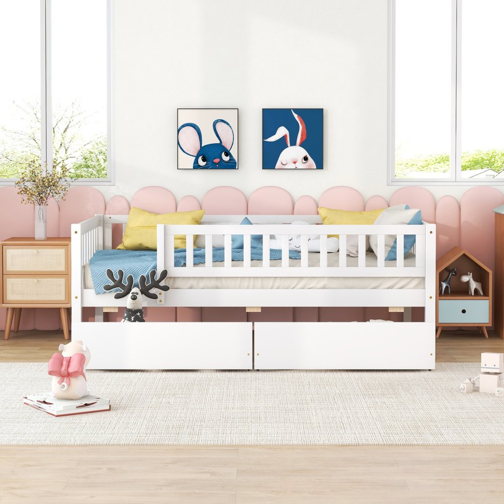 White Wood Twin Daybed Frame With Drawers