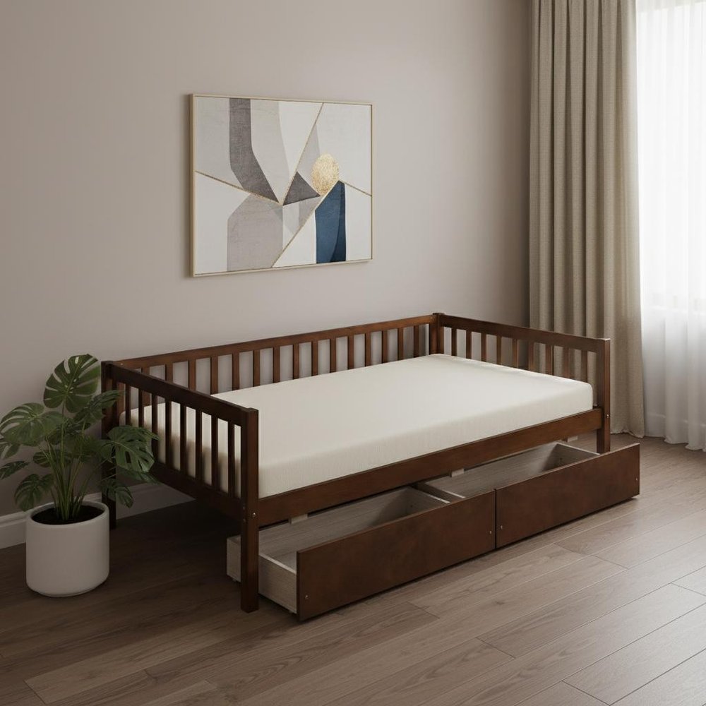 Walnut Wood Twin Daybed Frame With Drawers