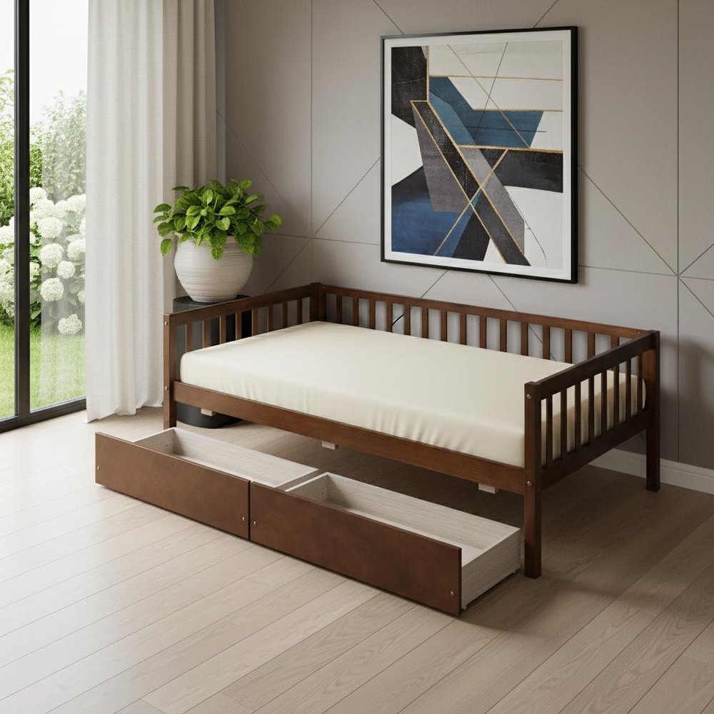 Walnut Wood Twin Daybed Frame With Drawers