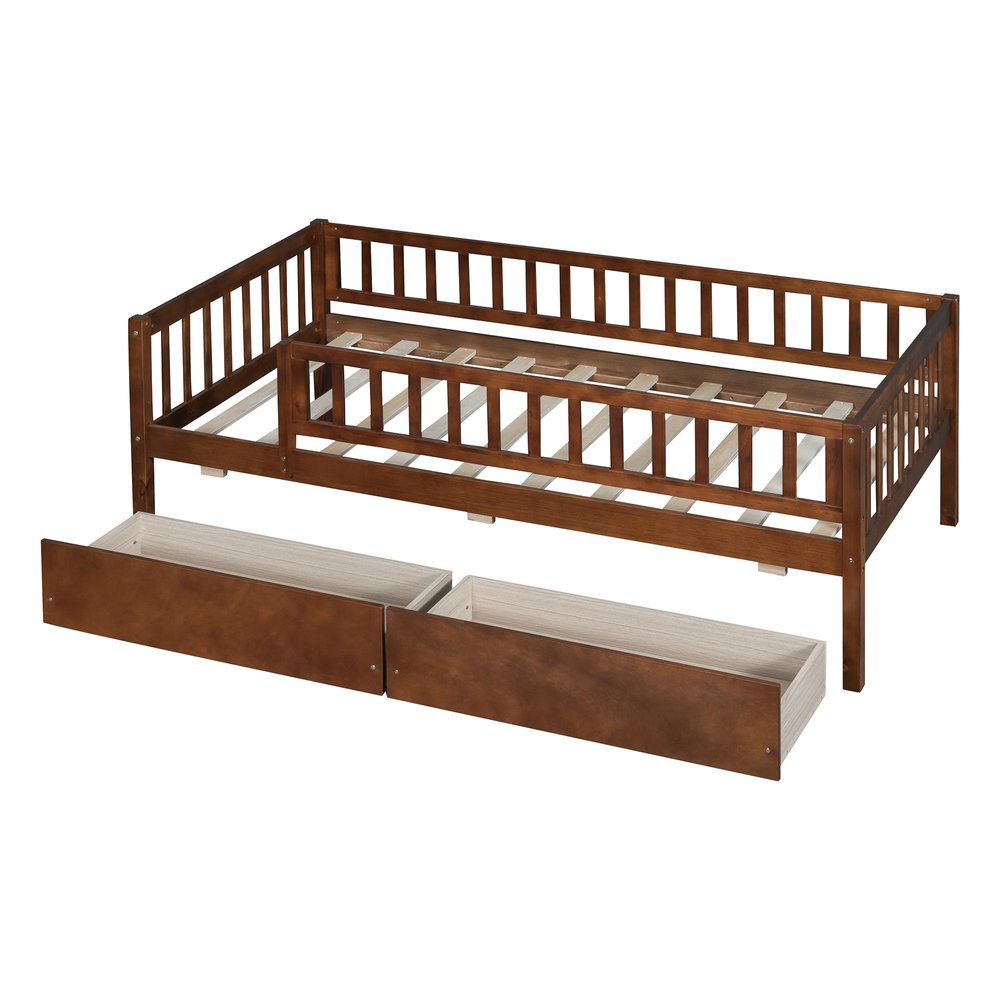 Walnut Wood Twin Daybed Frame With Drawers