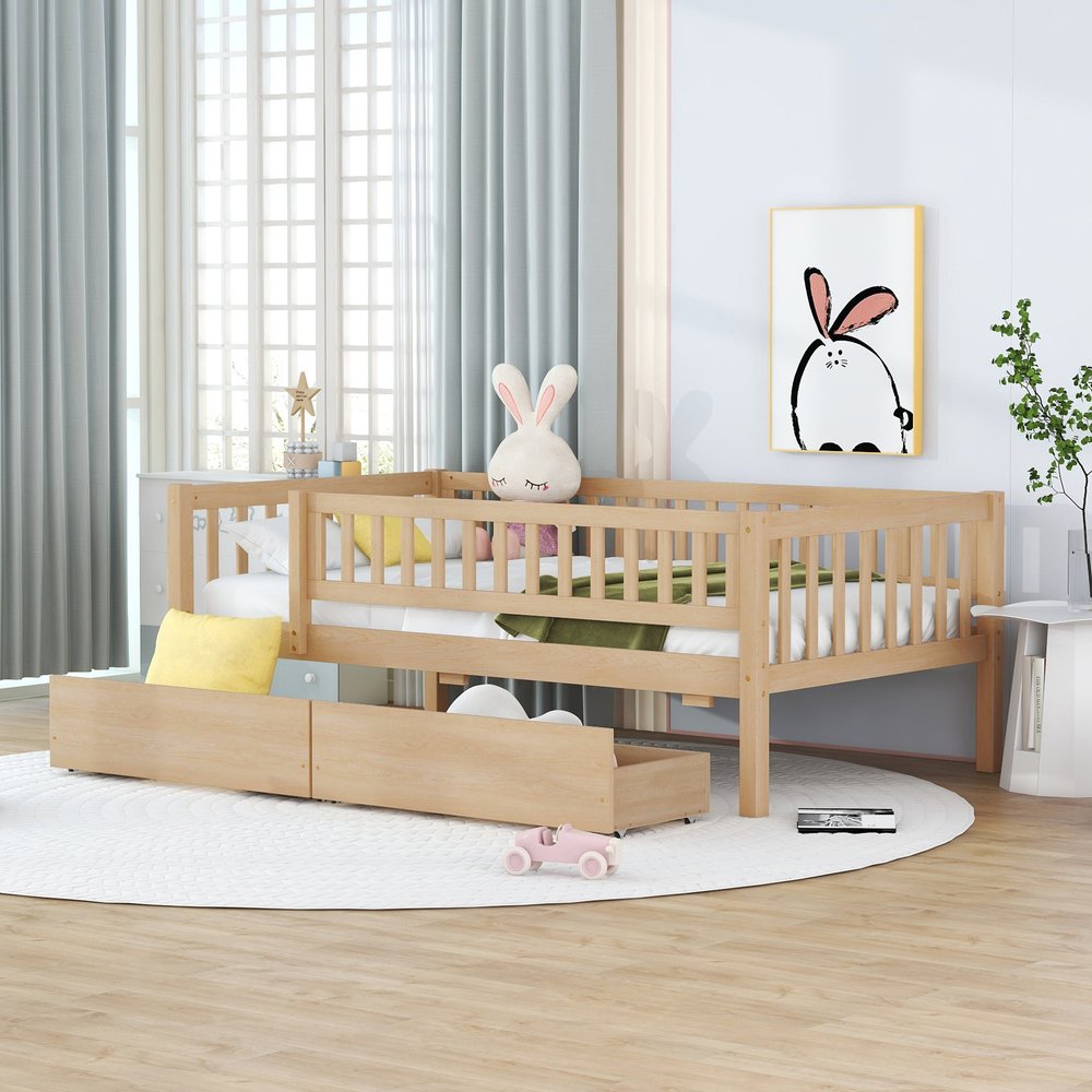 Natural Wood Twin Daybed Frame With Drawers