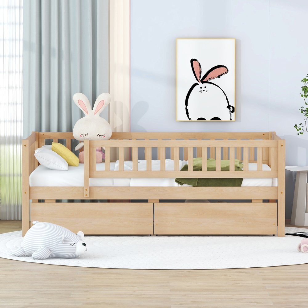 Natural Wood Twin Daybed Frame With Drawers