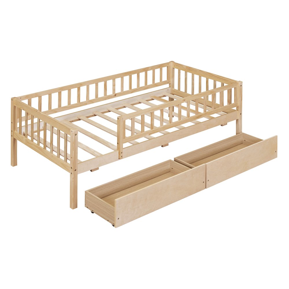 Natural Wood Twin Daybed Frame With Drawers