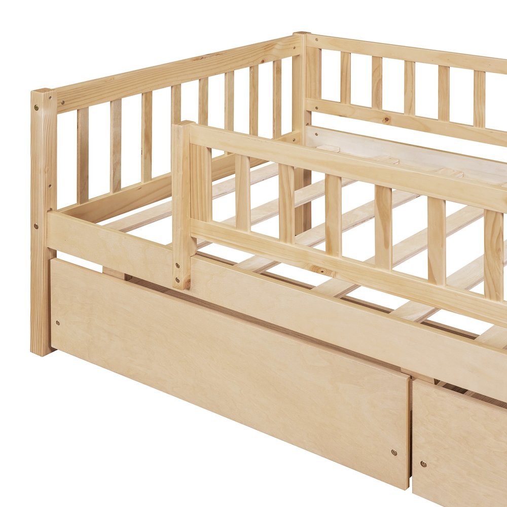 Natural Wood Twin Daybed Frame With Drawers