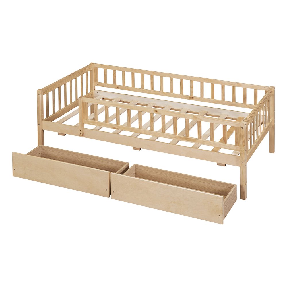 Natural Wood Twin Daybed Frame With Drawers