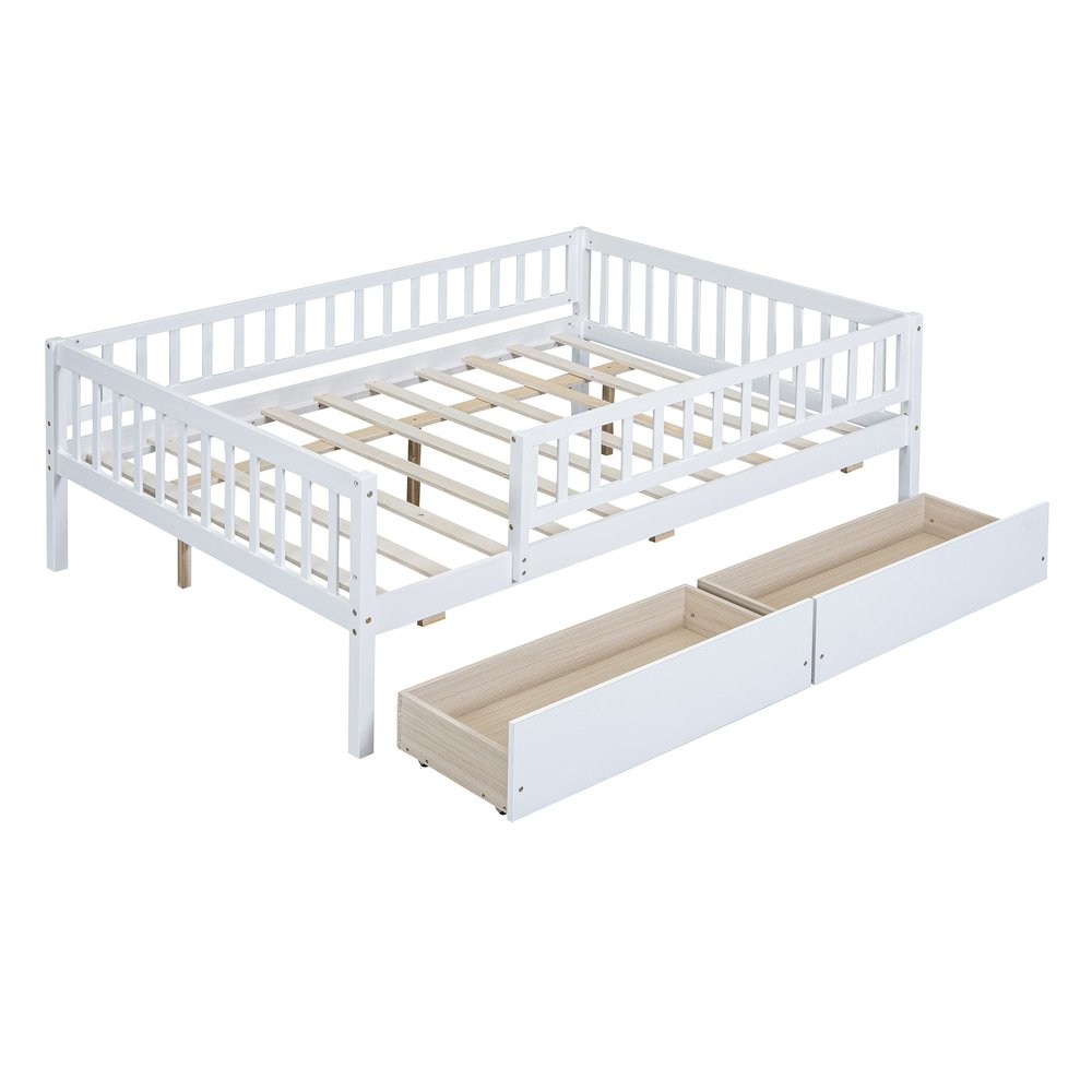 White Wood Full Daybed Frame With Drawers