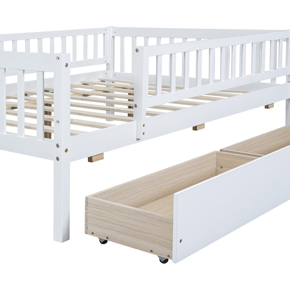 White Wood Full Daybed Frame With Drawers