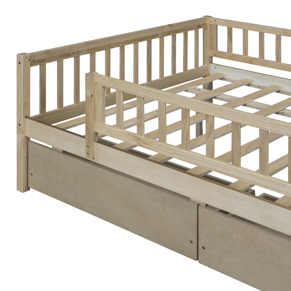 Natural Wood Full Daybed Frame With Drawers