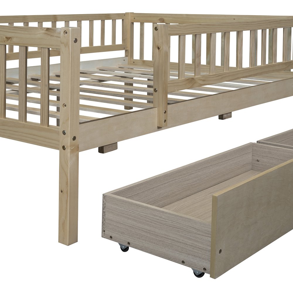 Natural Wood Full Daybed Frame With Drawers