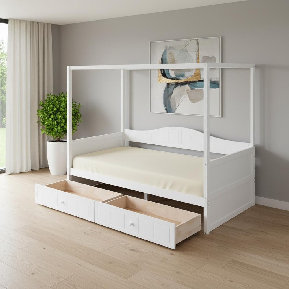 White Wood Twin Daybed Frame With Drawers