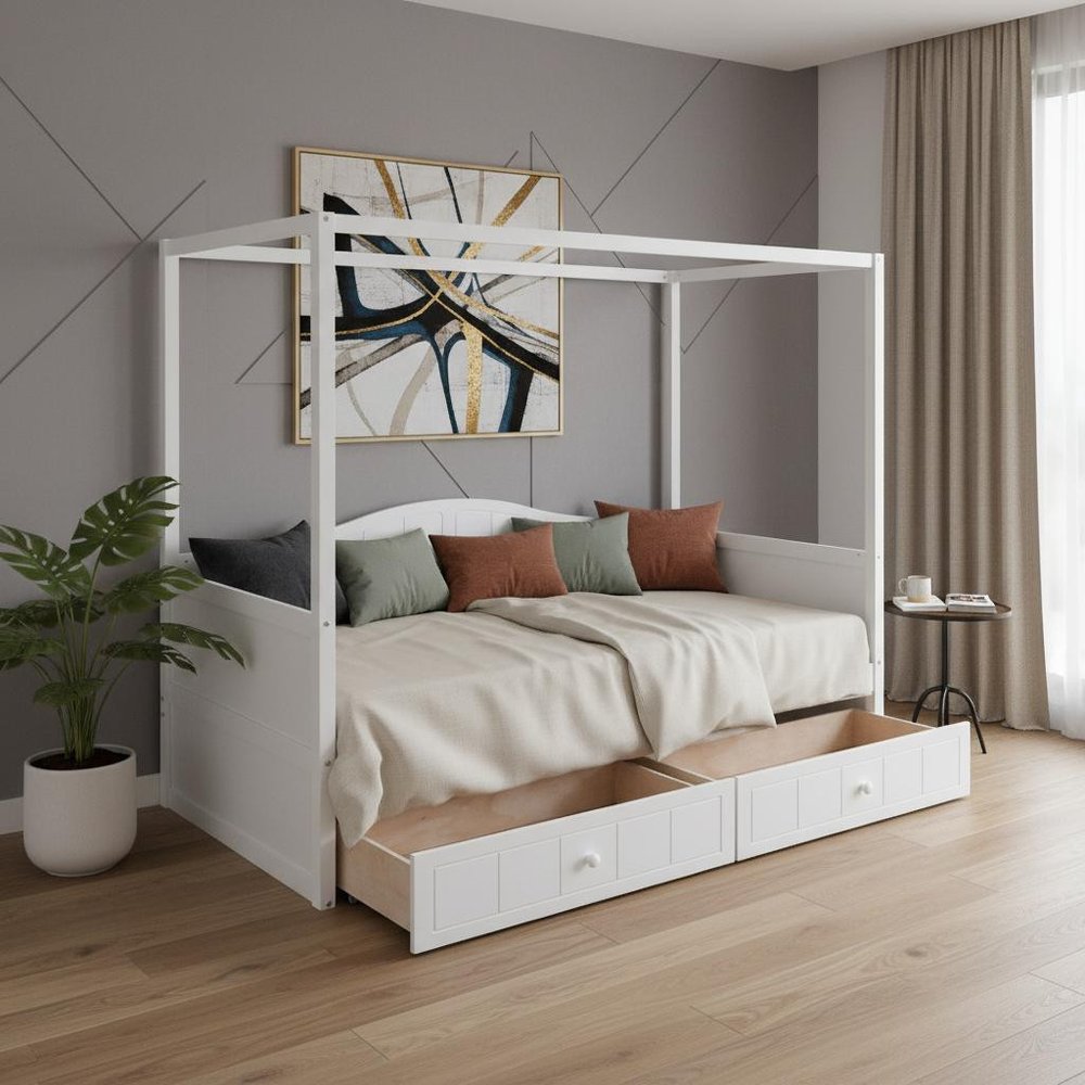 White Wood Twin Daybed Frame With Drawers
