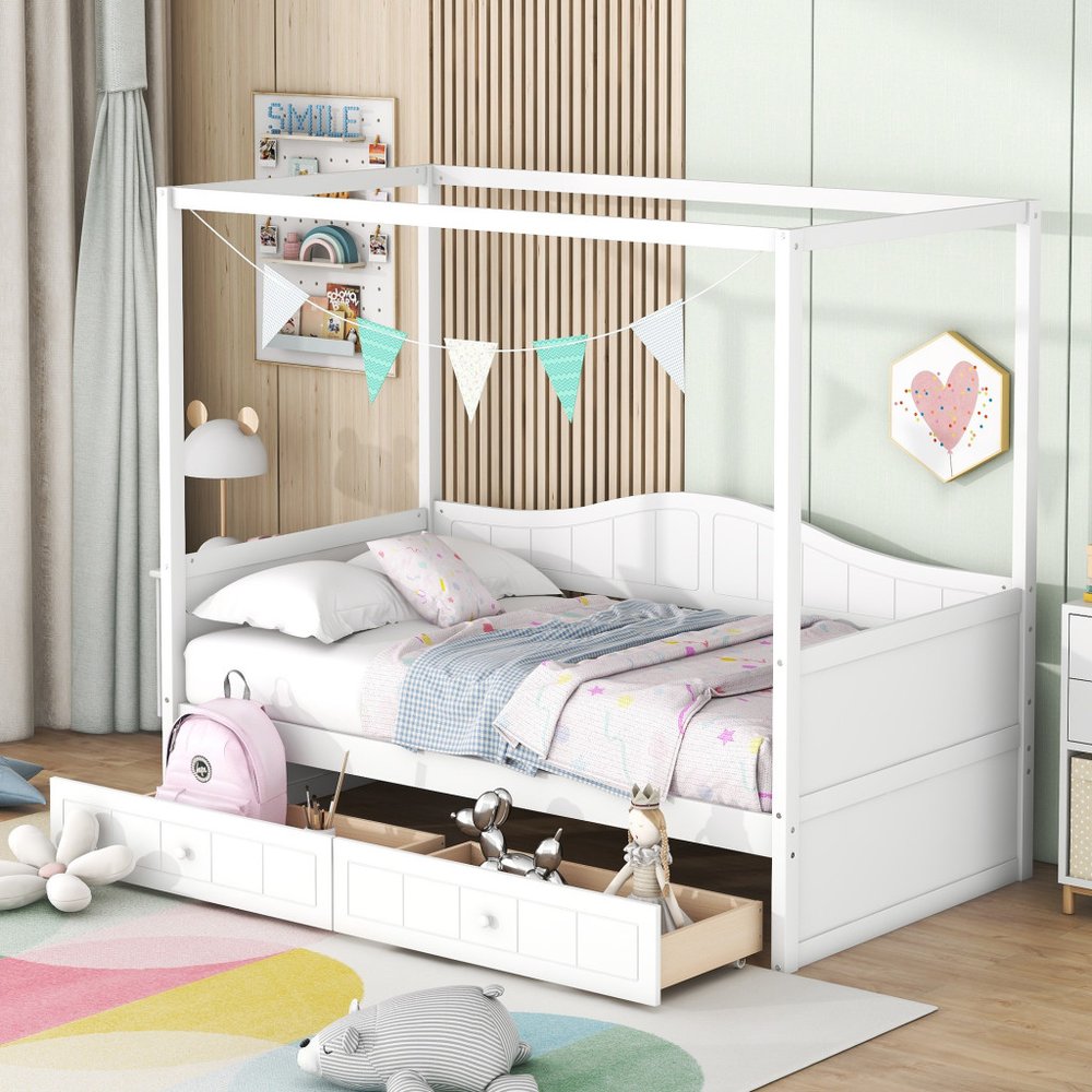 White Wood Twin Daybed Frame With Drawers