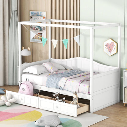 White Wood Twin Daybed Frame With Drawers