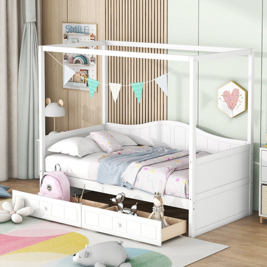 White Wood Twin Daybed Frame With Drawers