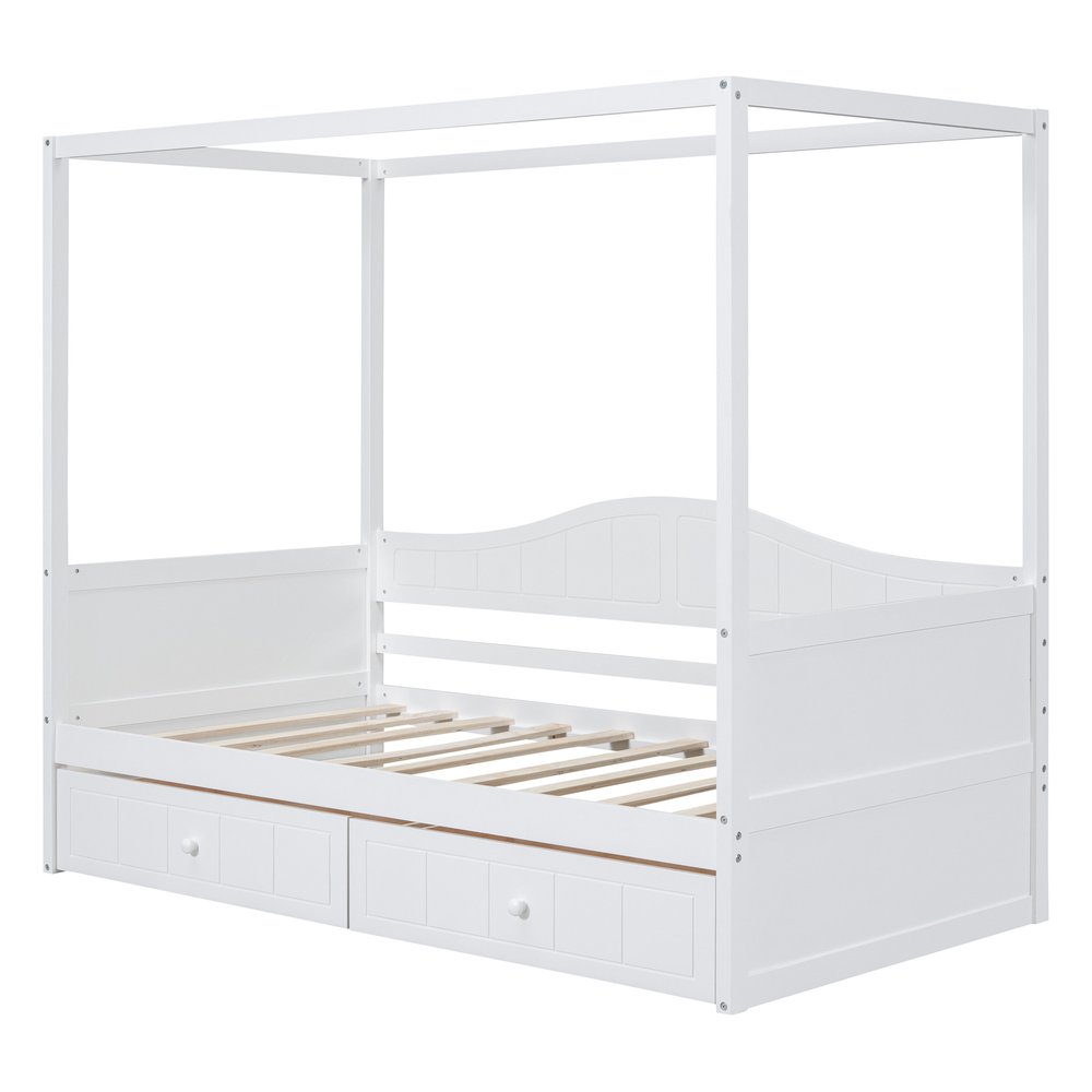 White Wood Twin Daybed Frame With Drawers