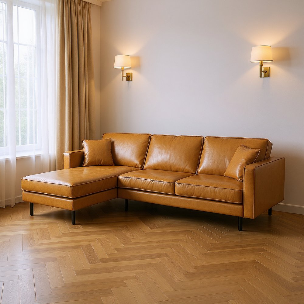 Tan Genuine Leather L Shaped Sofa and Chaise Sectional With Toss Pillows