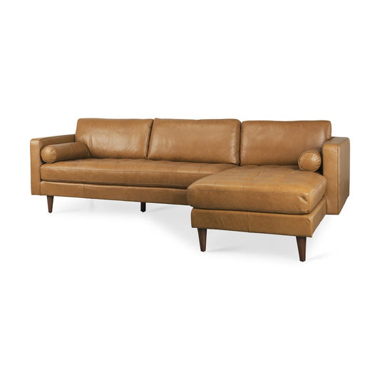 Tan Genuine Leather L Shaped Sofa and Chaise Sectional With Toss Pillows