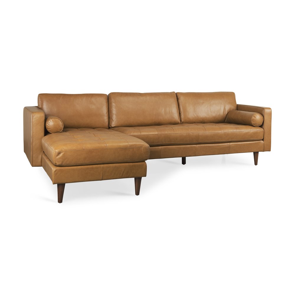 Tan Genuine Leather L Shaped Sofa and Chaise Sectional With Toss Pillows
