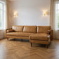 Tan Genuine Leather L Shaped Sofa and Chaise Sectional With Toss Pillows