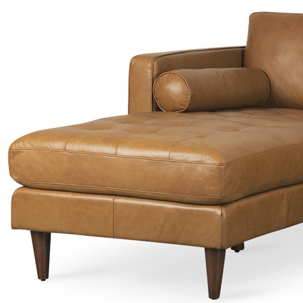 Tan Genuine Leather L Shaped Sofa and Chaise Sectional With Toss Pillows