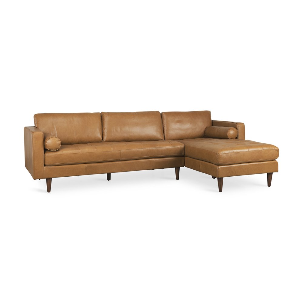 Tan Genuine Leather L Shaped Sofa and Chaise Sectional With Toss Pillows