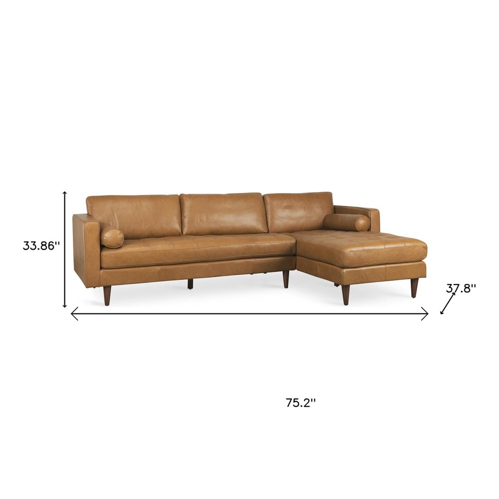 Tan Genuine Leather L Shaped Sofa and Chaise Sectional With Toss Pillows