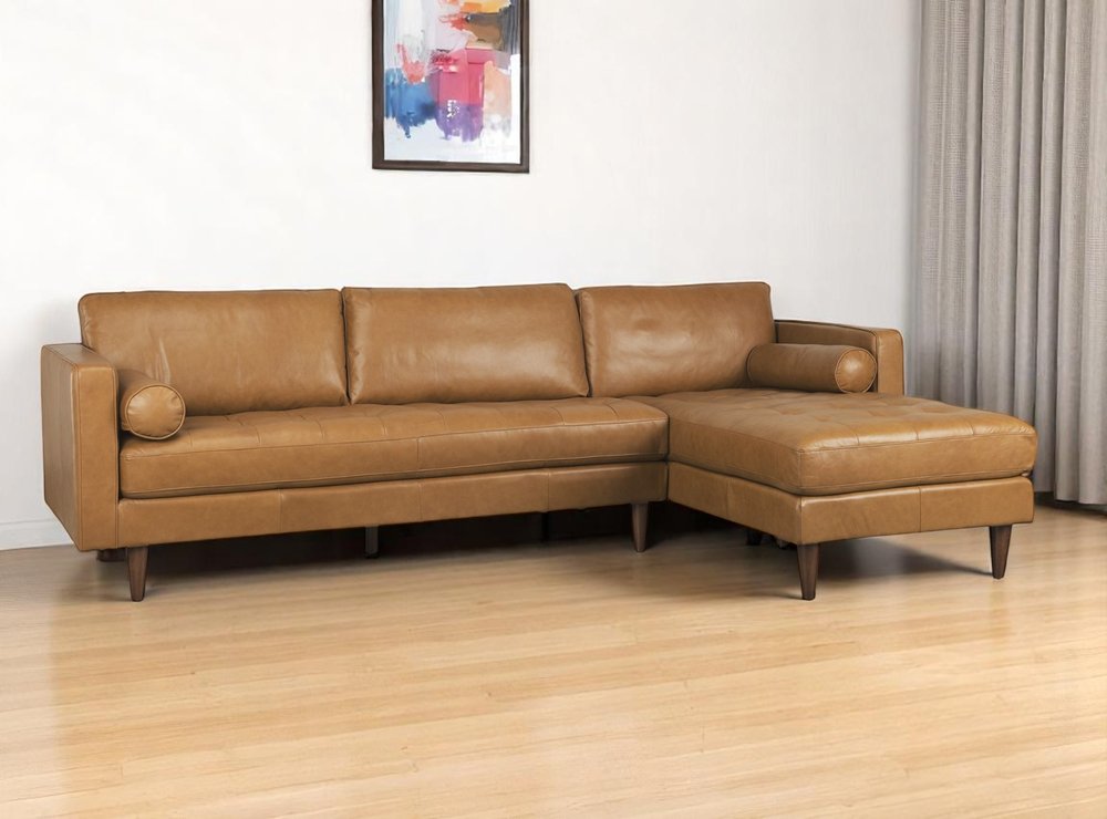 Tan Genuine Leather L Shaped Sofa and Chaise Sectional With Toss Pillows