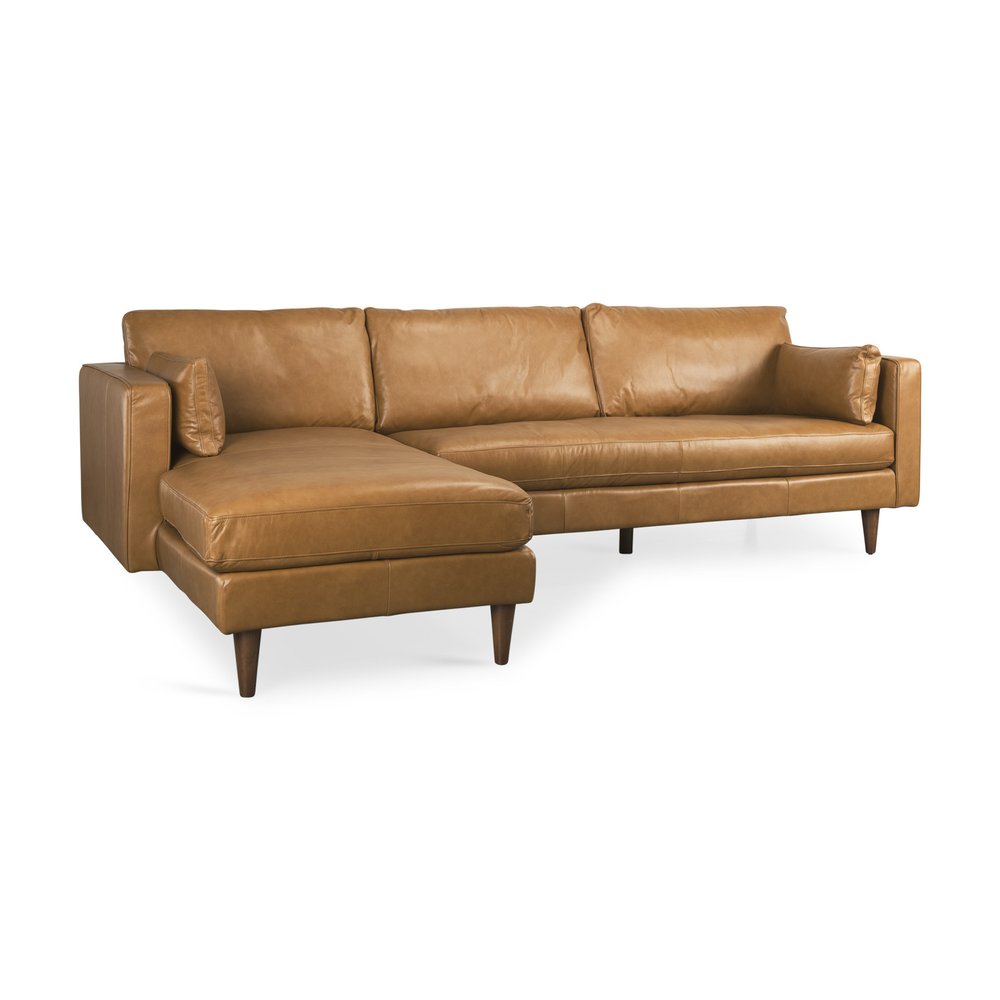 Tan Genuine Leather L Shaped Sofa and Chaise Sectional With Toss Pillows