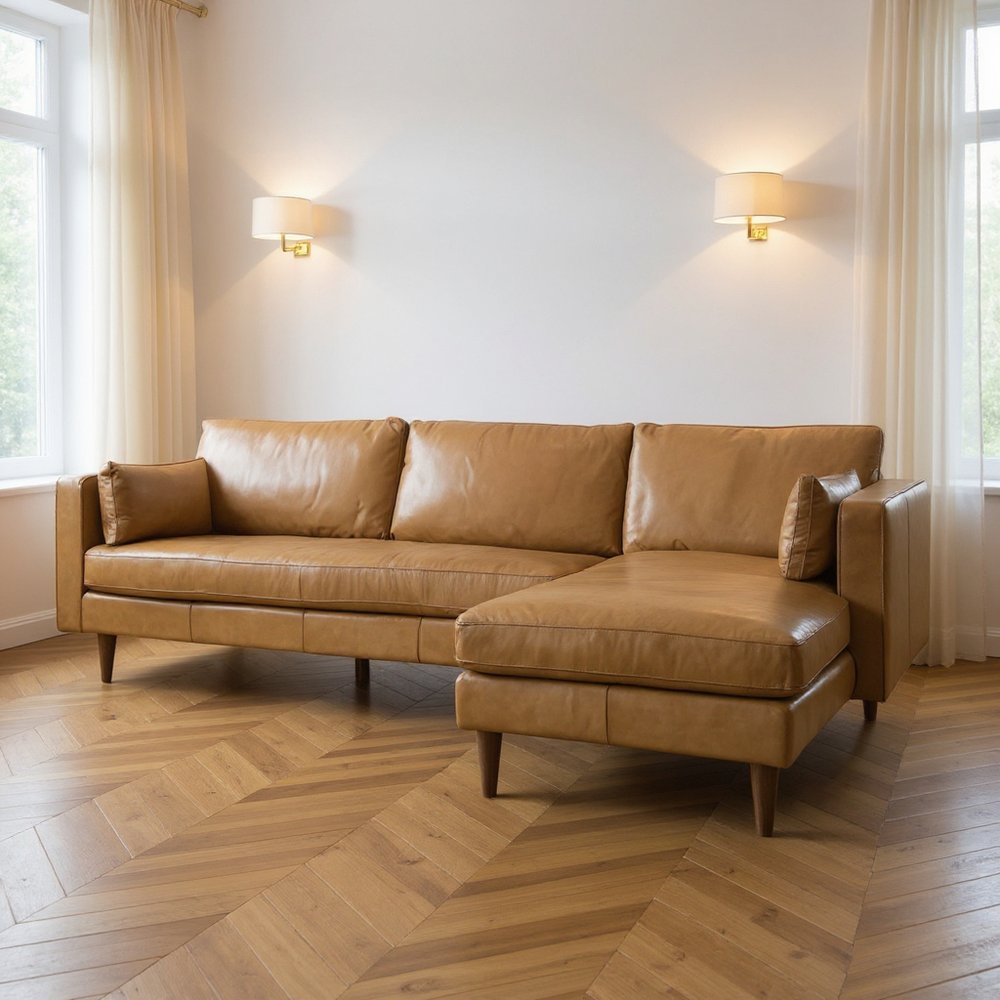 Tan Genuine Leather L Shaped Sofa and Chaise Sectional With Toss Pillows
