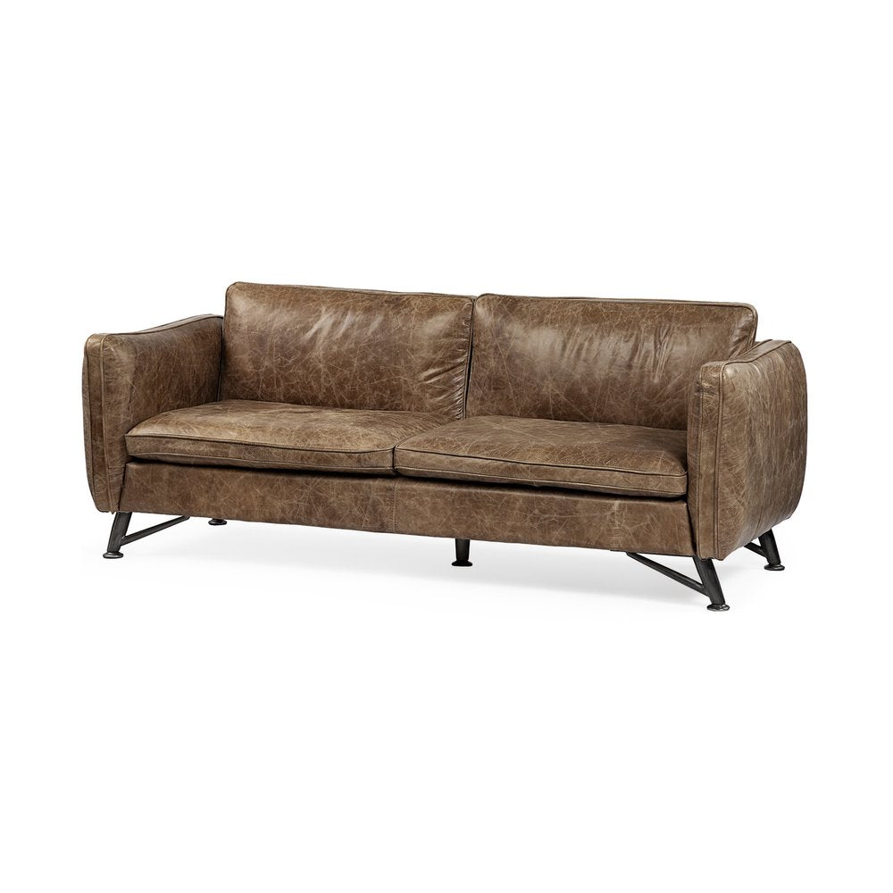 84" Dark Brown Rustic Leather Sofa