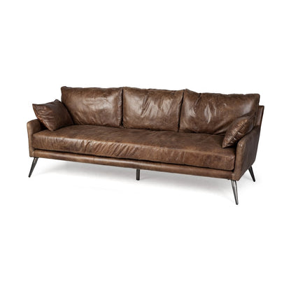 82" Dark Brown Rustic Leather Sofa With Toss Pillows