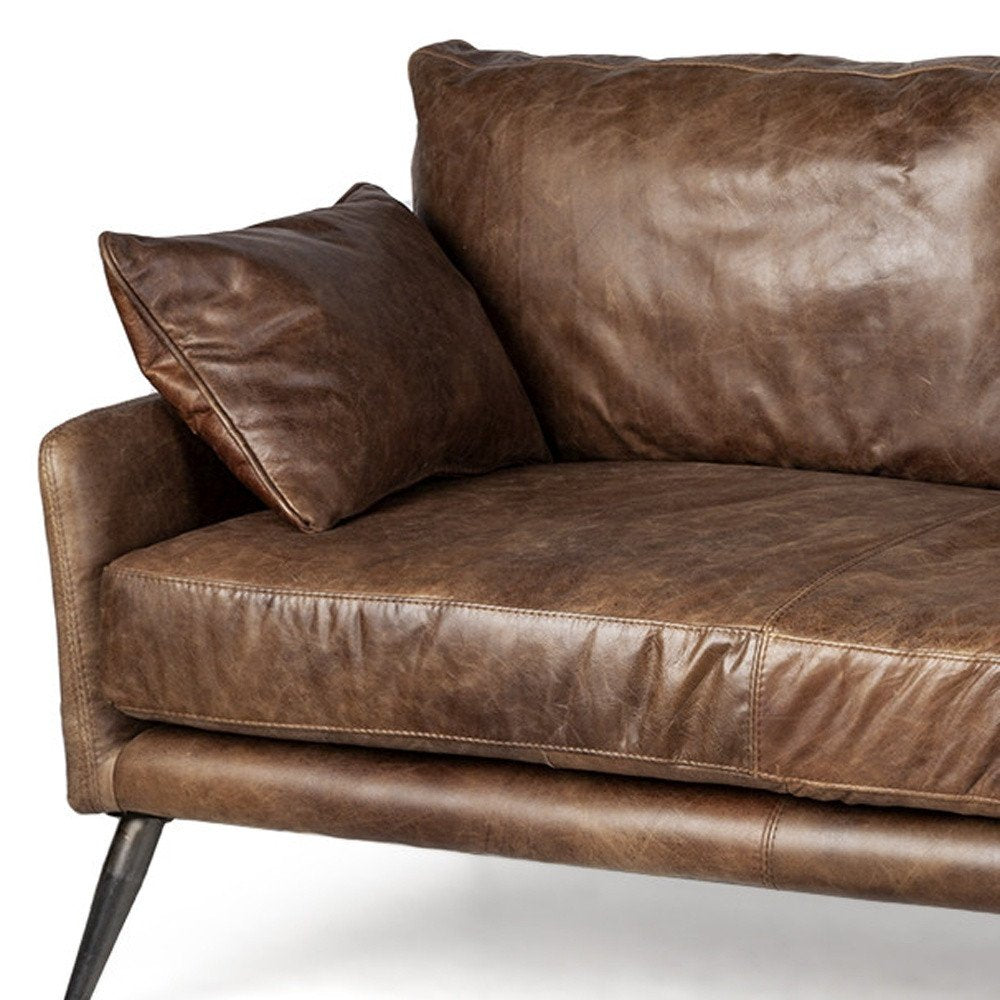 82" Dark Brown Rustic Leather Sofa With Toss Pillows