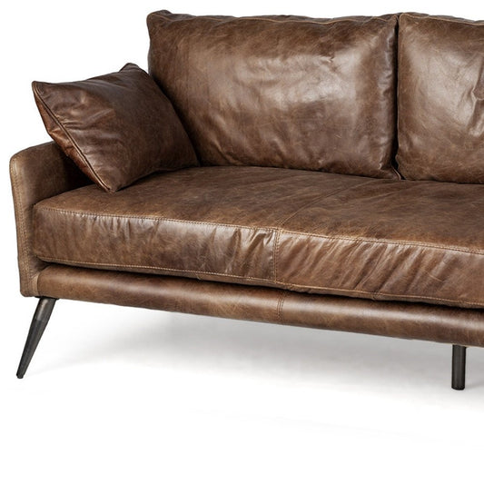 82" Dark Brown Rustic Leather Sofa With Toss Pillows