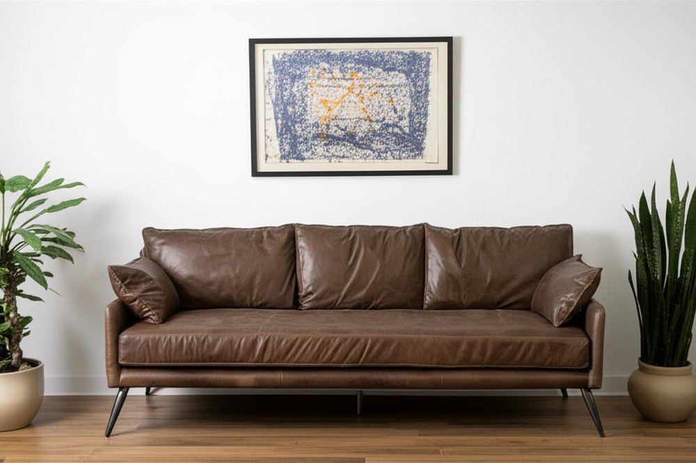 82" Dark Brown Rustic Leather Sofa With Toss Pillows