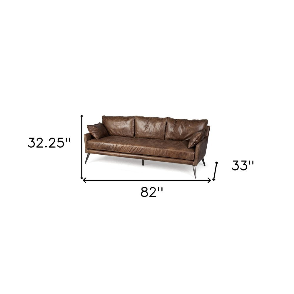 82" Dark Brown Rustic Leather Sofa With Toss Pillows