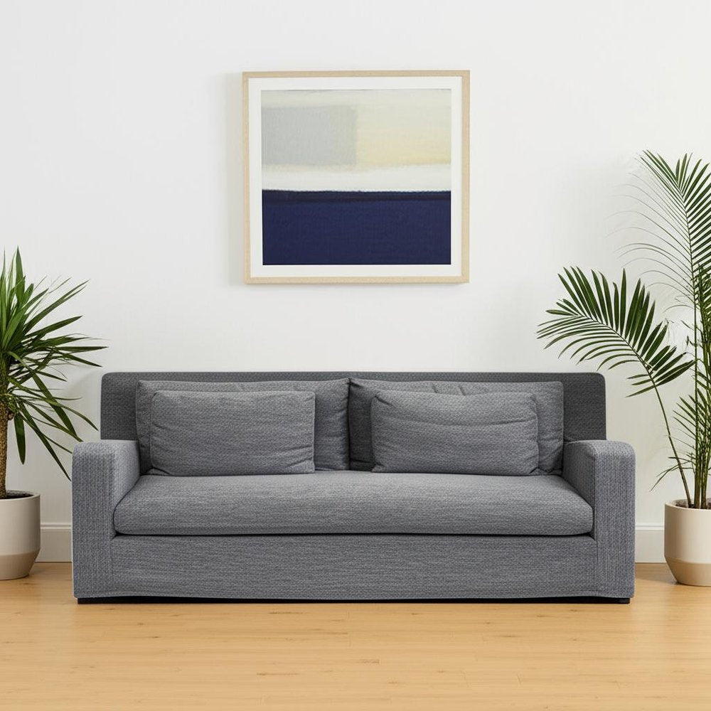 93" Dark Gray Slipcovered Fabric Sofa With Toss Pillows