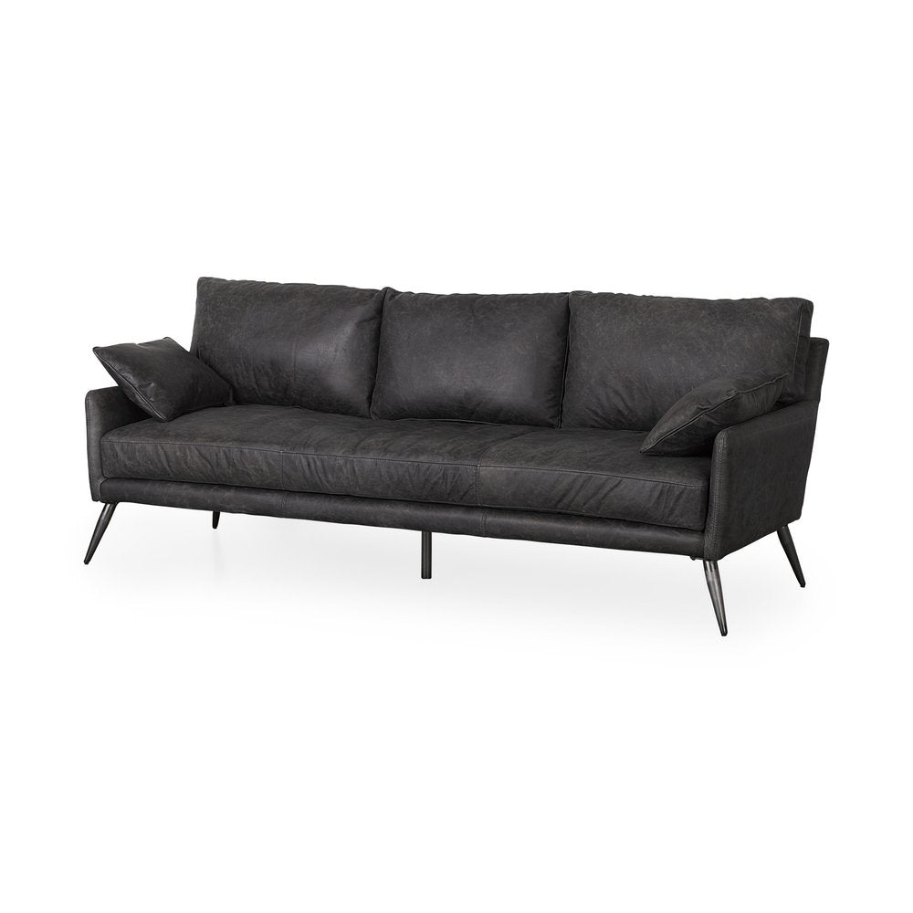 82" Black Leather Sofa With Toss Pillows