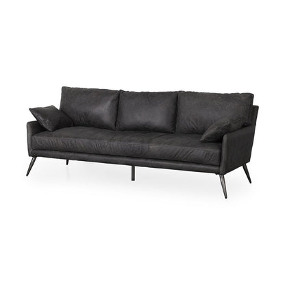 82" Black Leather Sofa With Toss Pillows